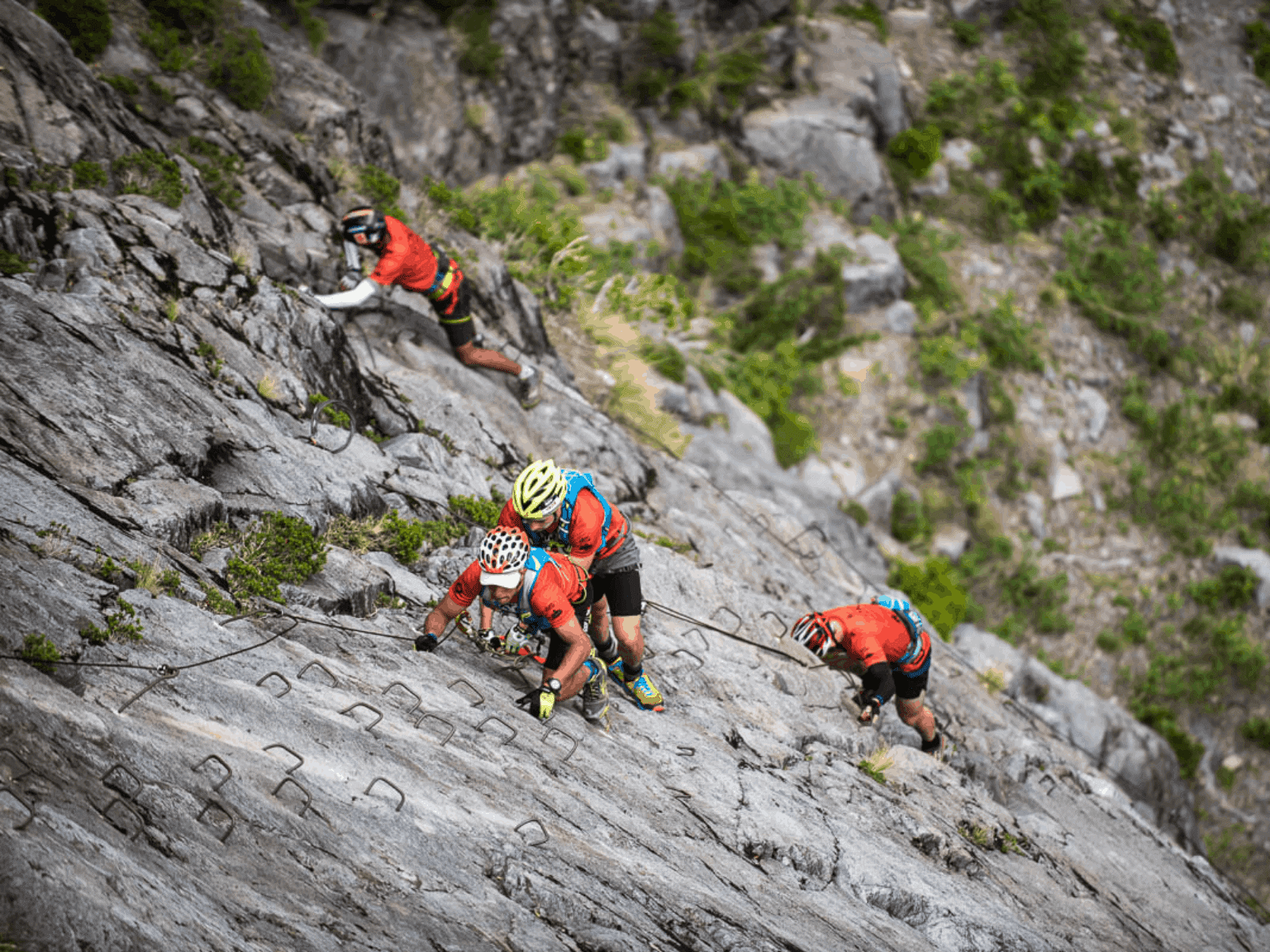 Descripción: Un grupo escalando una montaña rocosa.