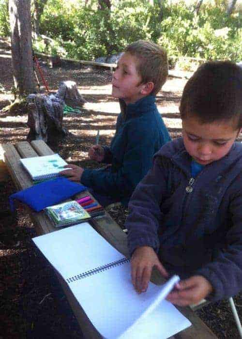 Dos niños sentados en una mesa de picnic en el bosque acampando.