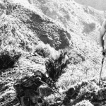 Una fotografía en blanco y negro de una persona en un sendero de montaña.