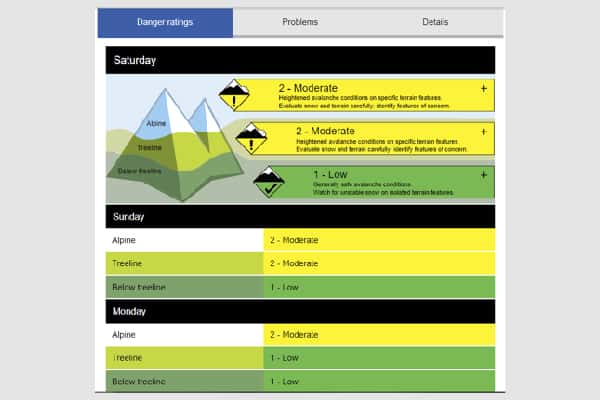 Captura de pantalla de una aplicación móvil que muestra un mapa de una montaña con potencial de avalancha.