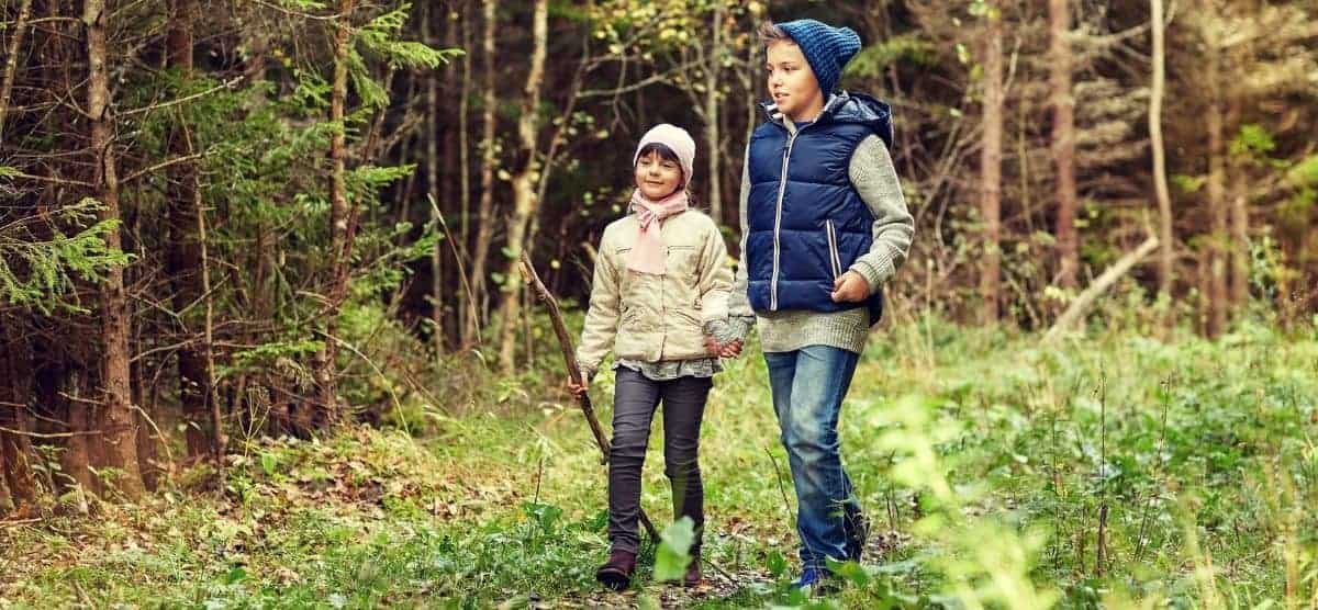 Dos niños paseando por una zona boscosa, rodeados de celulosas.